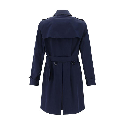 Back view of Burberry Kensington Coat in navy, featuring a classic collar, adjustable waistband, and back slit.