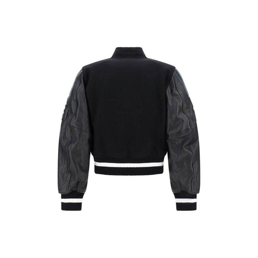 Back view of Givenchy College Jacket with wool body, leather sleeves, monogram on sleeves, ribbed collar, cuffs, and hem.