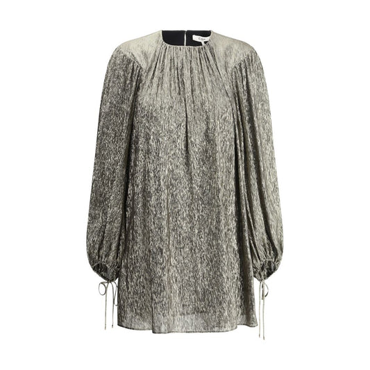 Chloé Gold Silk Cocktail Dress with crew neck and puff sleeves, elegant silk lamé fabric, perfect for evening events.