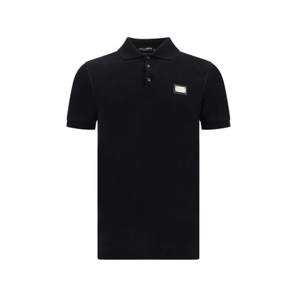 Dolce & Gabbana Black Cotton Polo Shirt with ribbed collar, front buttons, and D&G monogram plaque, made in Italy, AW25 collection.