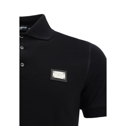 Dolce & Gabbana Black Cotton Polo Shirt with ribbed collar, tone-on-tone buttons, and D&G monogram plaque, 100% cotton, AW25.