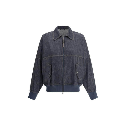 Brunello Cucinelli denim jacket with classic collar, zipper closure, ribbed hem and cuffs, and side flap pockets. Elegant and versatile.