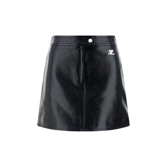 Courrèges cotton mini skirt with coated design, button closure, and logo applique on front panel.