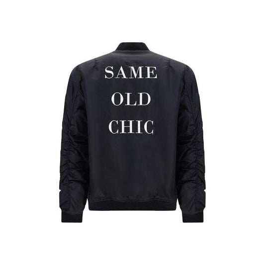 Back view of Moschino bomber jacket with "SAME OLD CHIC" print, quilted design, ribbed hem and cuffs.