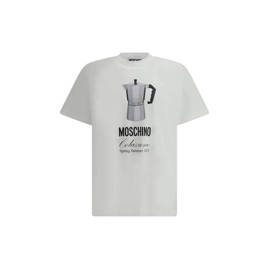 Moschino T-Shirt featuring a coffee pot print and iconic contrasting monogram in a clean monochrome design, Spring Summer collection.