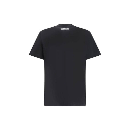 Back view of Moschino Logo T-Shirt with contrasting monogram on black cotton fabric, featuring a classic ribbed crew neck.
