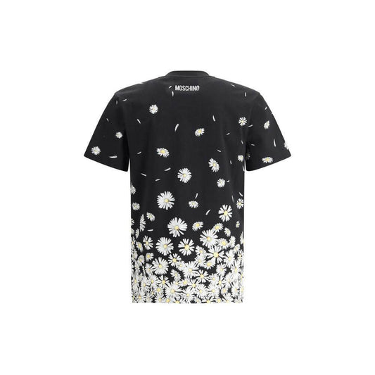 Moschino black T-Shirt with white daisy print, featuring a ribbed crew neck for a playful, floral look.