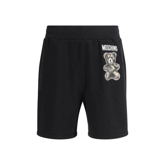 Moschino black cotton logo sweatpants shorts with teddy bear graphic and elastic waistband, knee length for a casual look.