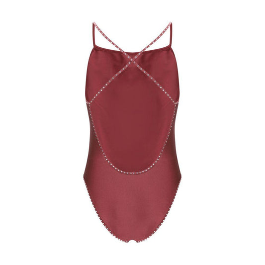 Oséree Crystal Swimsuit with rhinestone straps, elegant one-piece design, maroon color, luxurious and feminine look.