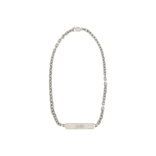 MM6 necklace with chain design and engraved brand logo plaque, featuring a lobster claw clasp closure.