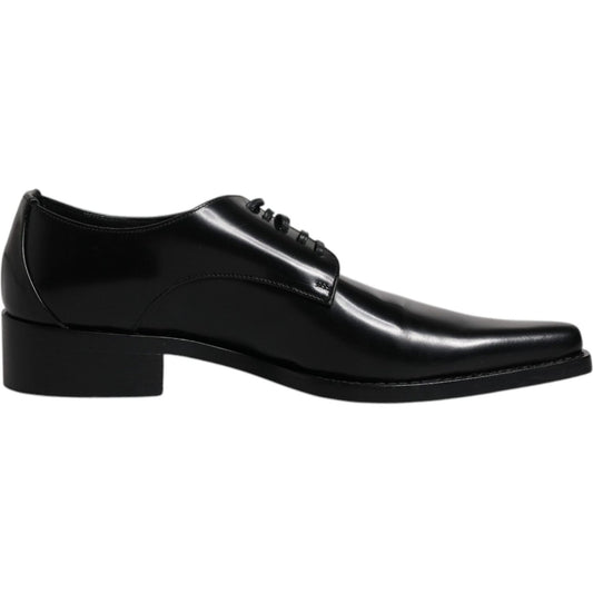 Dolce & Gabbana black patent leather derby dress shoes for men with minor scratches, lace-up closure, and leather sole.
