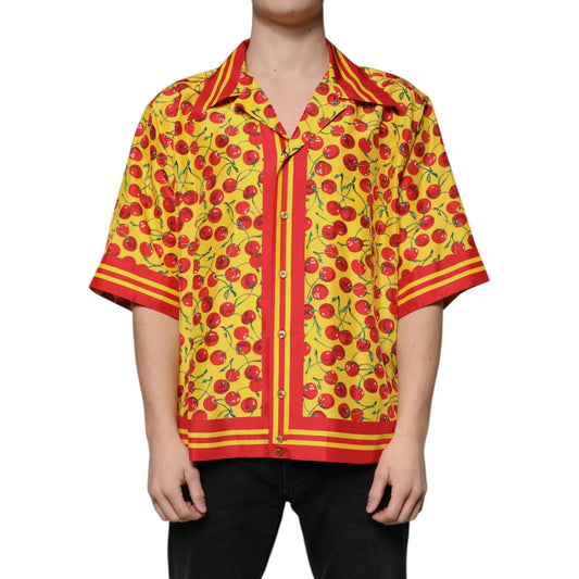 Dolce & Gabbana Yellow Cherry Button Down Silk Casual Shirt TSH87281-43