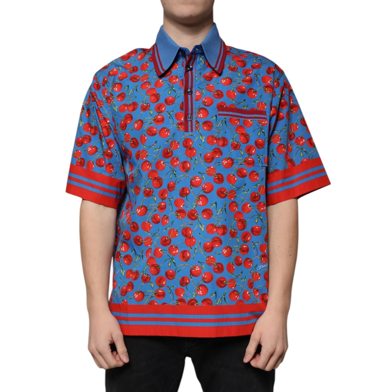 Dolce & Gabbana Blue Cherry Cotton Collared Men Polo T-shirt