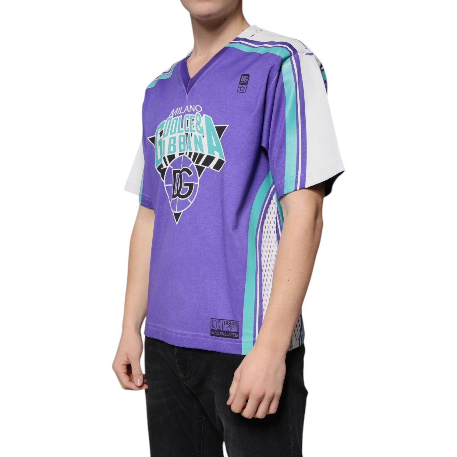 Dolce & Gabbana Purple Logo Jersey Cotton V-neck T-shirt