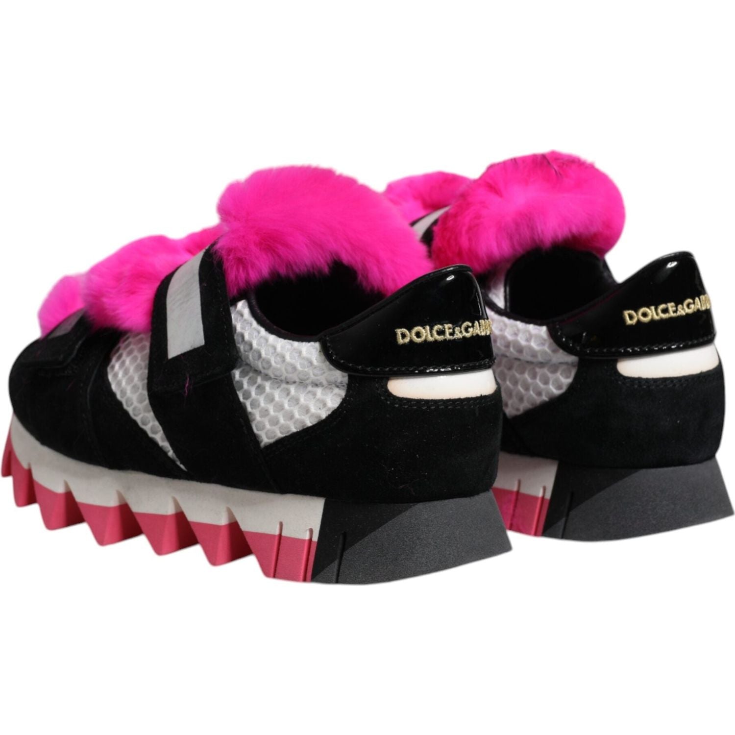 Dolce & Gabbana Black Pink Fur Embellished Sneakers Shoes