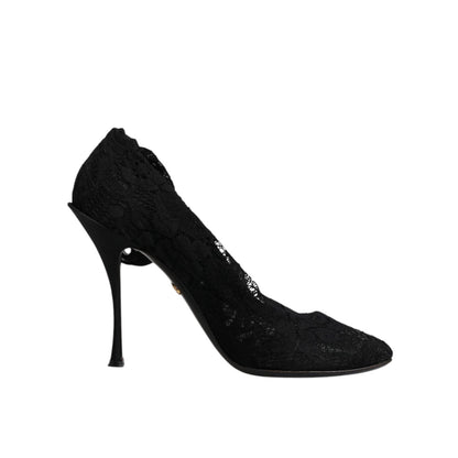 Dolce & Gabbana Black Lace Stretch Heels Mid Calf Boots Shoes