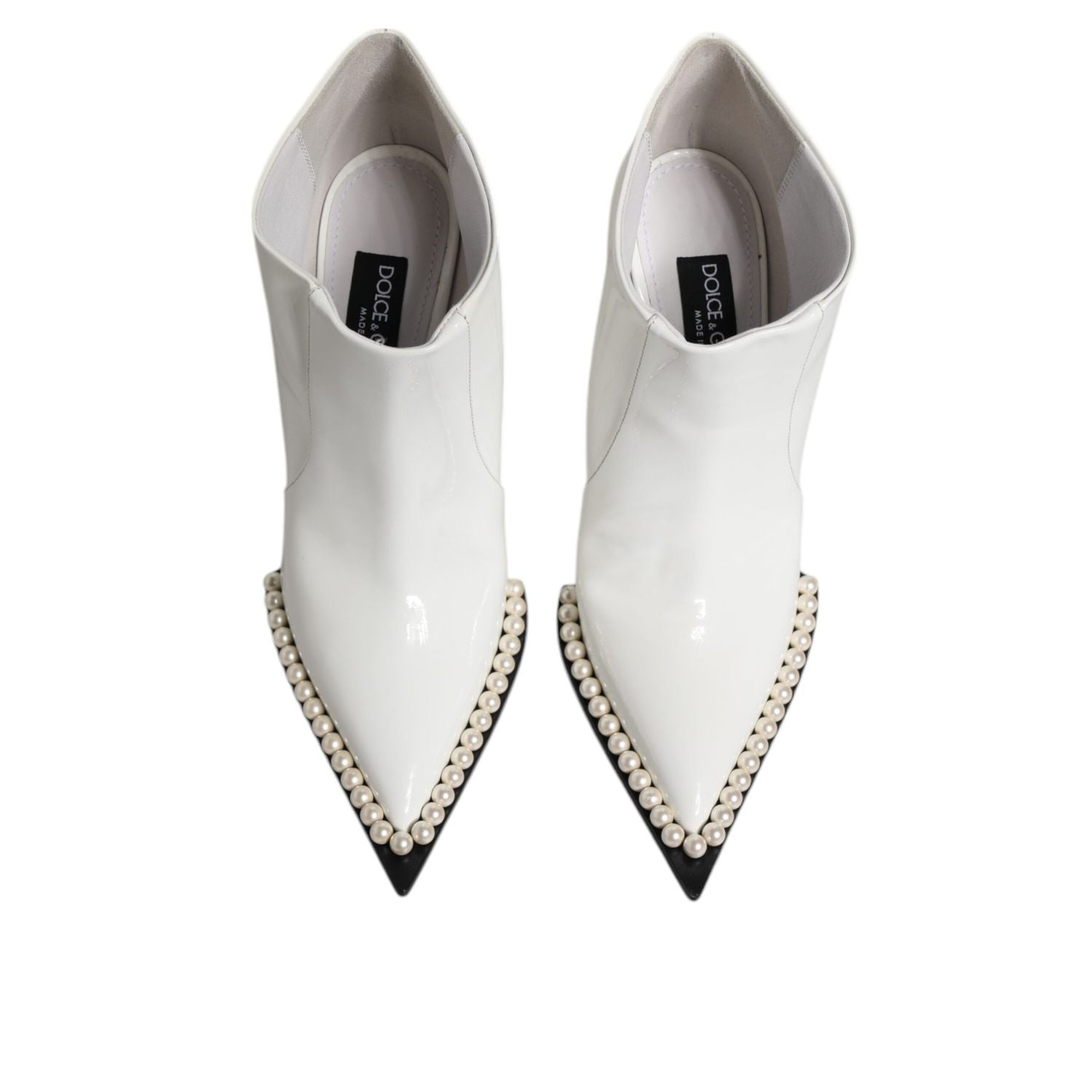 Dolce & Gabbana White Faux Pearl Leather Pointed Toe Ankle Boot Shoes