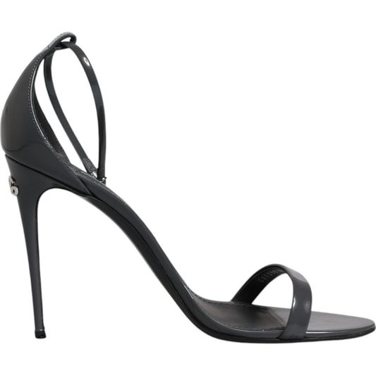 Dolce & Gabbana grey leather ankle strap heel sandals with buckle closure, Italy-made, showcasing high-quality craftsmanship and comfort.