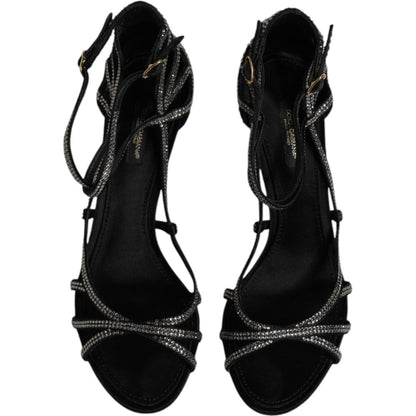 Dolce & Gabbana Black Strass Ankle Strap Heels Sandals Shoes