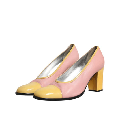 Dolce & Gabbana Pink Yellow Leather Block Heels Pumps Shoes