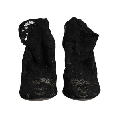 Dolce & Gabbana Black Lace Stretch Heels Mid Calf Boots Shoes