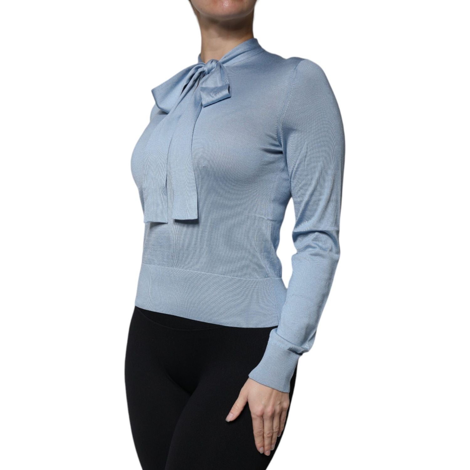 Dolce & Gabbana Blue Silk Knit Pullover Ascot Collar Top