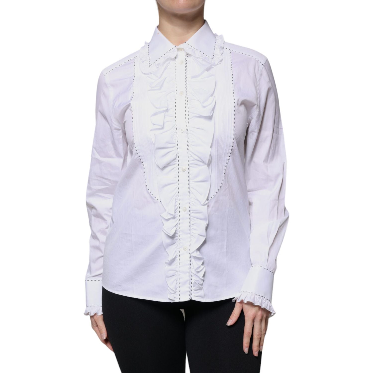 Dolce & Gabbana White Cotton Long Sleeves Ruffle Collar Top