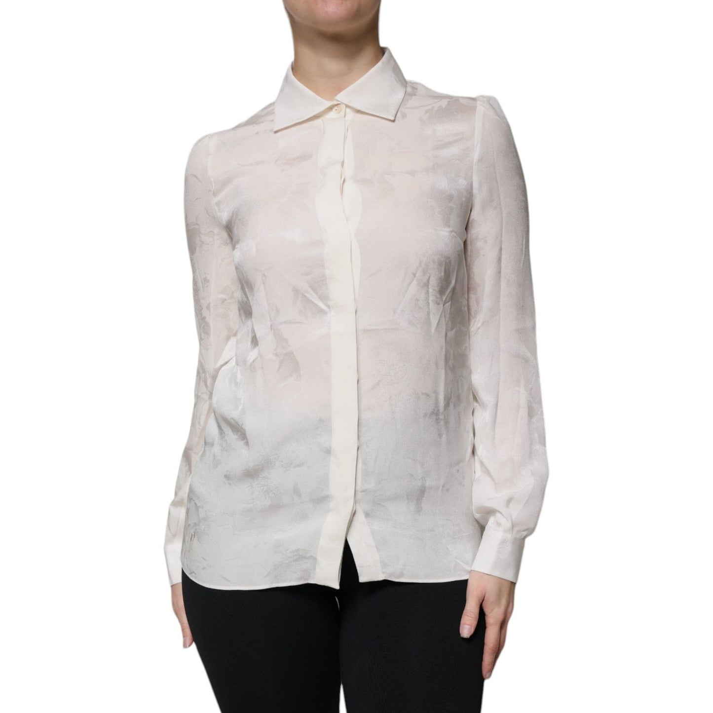 Dolce & Gabbana White Silk Collared Long Sleeves Shirt Top