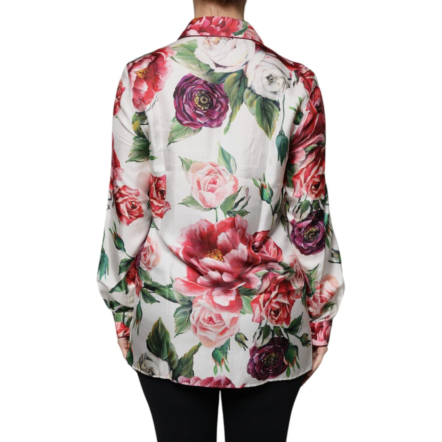 Dolce & Gabbana White Peony Silk Long Sleeves Collared Blouse Top