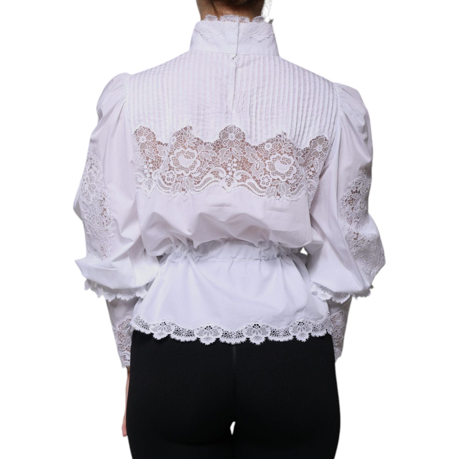 Dolce & Gabbana White Cotton Lace Trim Turtleneck Blouse Top