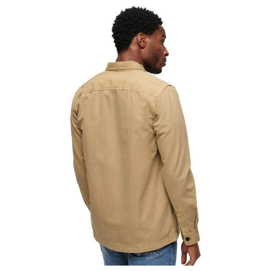 Superdry beige cotton shirt for men, long sleeve, fall/winter collection, rear view, 100% cotton, available in stylish design.