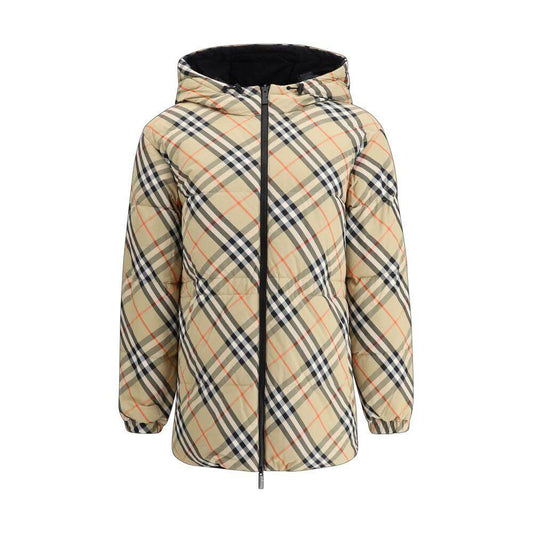 Burberry reversible down jacket with hood, plaid design, double-slider zipper, elastic cuffs, and adjustable drawstring hem.