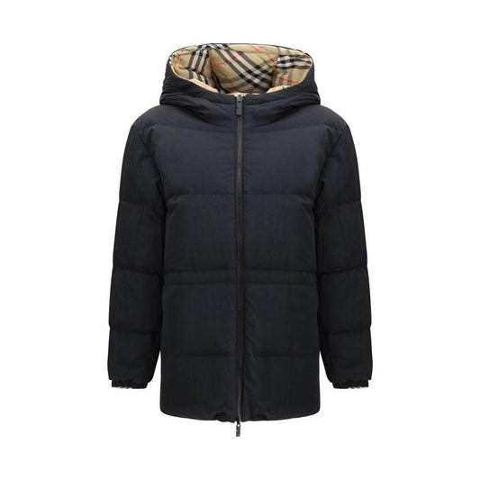 Alt Tag: Burberry reversible down jacket with adjustable drawstring hood and double-slider zipper, showcasing stylish and functional design.