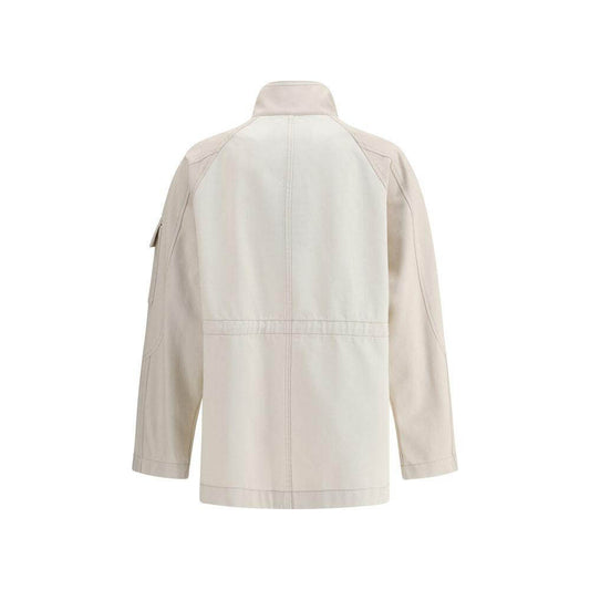 Back view of Fendi Denim Bomber Jacket in beige with high collar and stylish design, showcasing urban elegance and practicality.