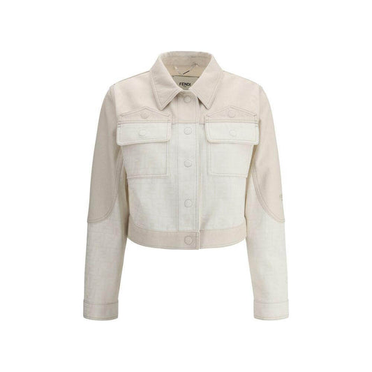 Fendi FF print denim jacket with classic collar, front snap closure, and front patch flap pockets; combines elegance and street style.