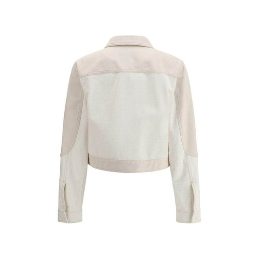 Back view of a cream denim jacket with a classic collar and long sleeves, showcasing its clean design and modern fit.