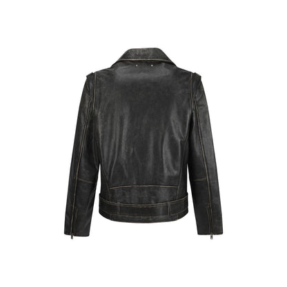 Back view of Golden Goose Brown Calf Leather Bos Taurus Biker Jacket with vintage design and zipper details.