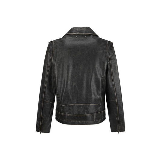 Back view of Golden Goose vintage effect leather biker jacket with adjustable waistband and classic lapels.