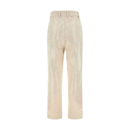Golden Goose denim pants with sequins, back view, beige color, five-pocket straight style, waistband loops, button and zipper closure.