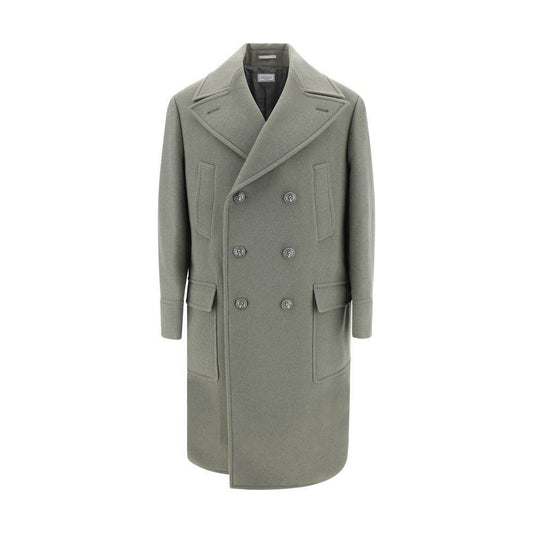 Men's Brunello Cucinelli wool coat with double-breasted front, spear lapels, and structured shoulders in green.