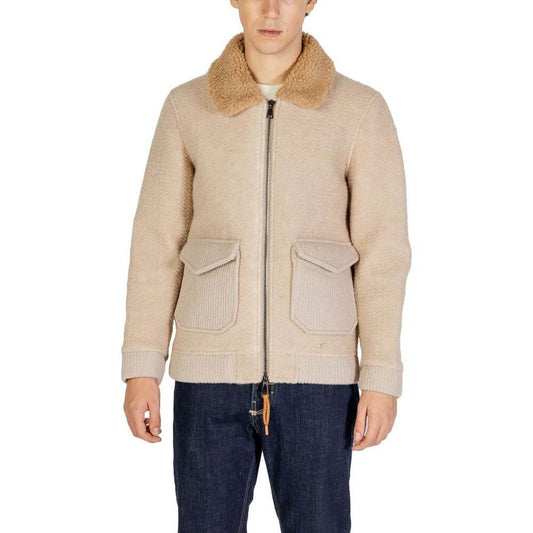 Men's beige polyester jacket from Hydra Clothing's fall/winter collection featuring 60% polyester and 40% wool blend.