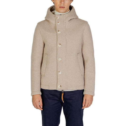 Men's fall/winter Hydra Clothing beige polyester jacket, 75% polyester, 25% wool blend, featuring a hood and front buttons.