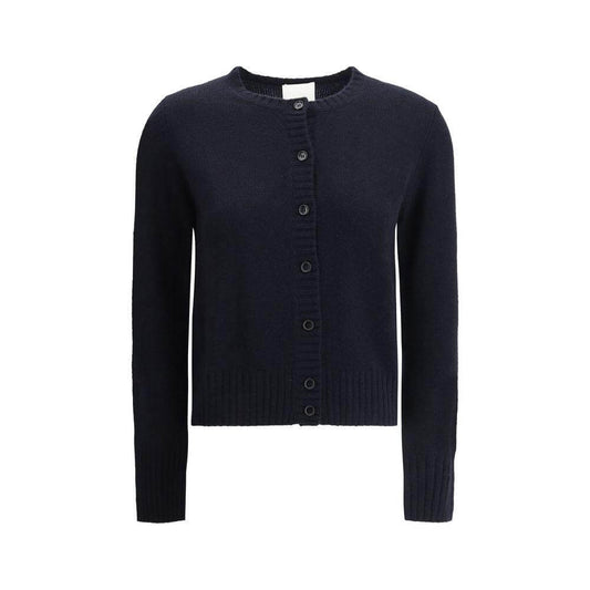 Luxurious Allude Cashmere Cardigan with button front, ribbed cuffs, crew neck, and hem, offering warmth and sophistication in navy.