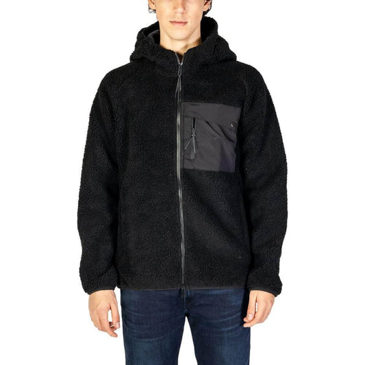 Hydra Clothing men's black polyester jacket for fall/winter, featuring a hood and zipper front. Ideal for stylish warmth.