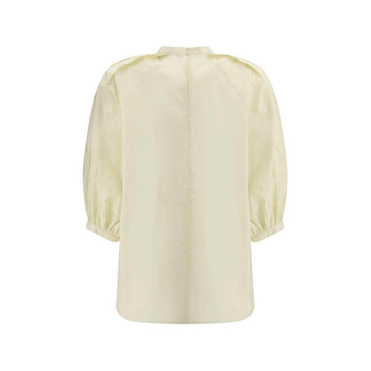 Fabiana Filippi balloon sleeves cotton blouse with high neck and back zipper in beige, showcasing elegant pleated sleeve design.