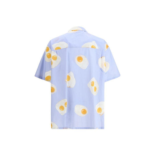 Moschino printed short sleeve shirt with egg graphics and classic lapels, front button closure, playful and modern design.