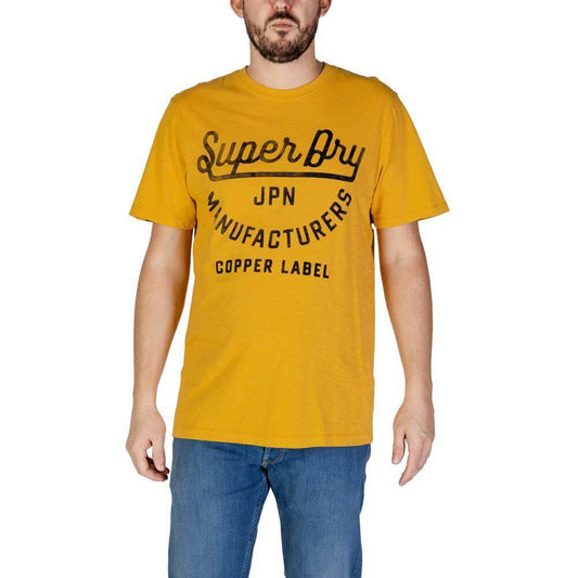 Man wearing Superdry orange cotton T-shirt, fall/winter men's short-sleeved top, 100% cotton, casual wear.