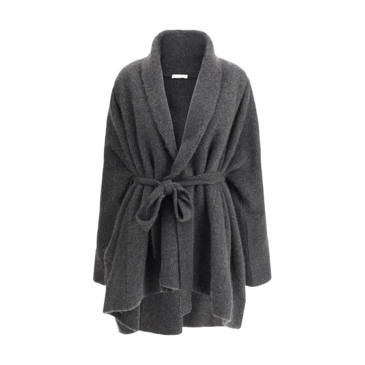 The Row Ija Coat featuring shawl lapels, V-neck, and knotted sash closure in a regular fit, elegant dark fabric design.