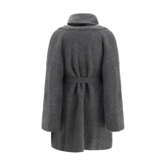 Back view of The Row Ija Coat with shawl lapels and knotted sash closure in gray.