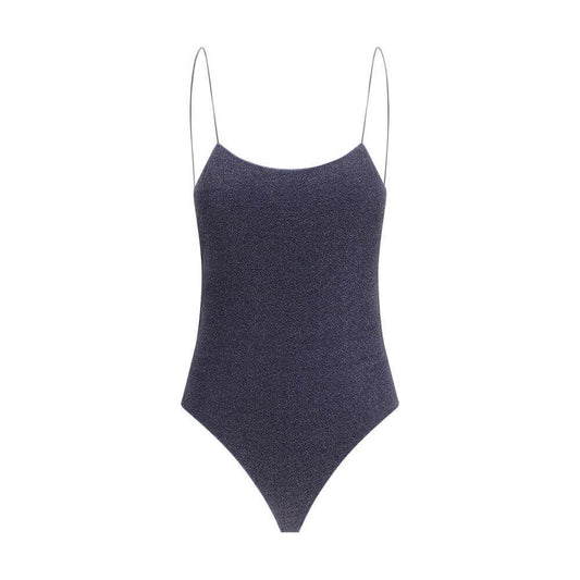 Oséree Lumiere Maillot Swimsuit, one-piece with thin straps, open back, glitter pattern, monochrome design.